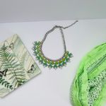 Green Rhinestone Flower Necklace Silver tone metal chain statement piece Photo 0