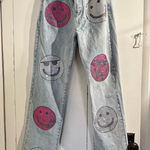 Akira Rhinestone Smiley Face Light Blue Jeans Photo 0