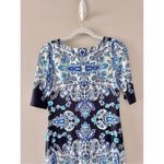Eliza J  Paisley Dress Size 2 Navy White Porcelain Shift Boat Neck 2/4 Sleeve Photo 4