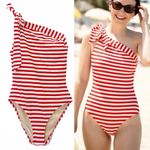 J.Crew  Red White Stripe One Shoulder Swimsuit Size 6 Bow Tie One Piece Nautical Photo 15