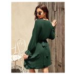 NWT Women's Wrap V‎ Neck Short Dress Pleated Tie Waist Long Puff Sleeve Green Size L Photo 1