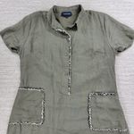 French Curve Linen Dress Womens Medium Olive Green Fringe Trim Pockets Casual Photo 11