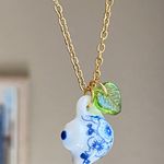 Handmade porcelain tea pot & leaf unique fun fairy antique style necklace🫖🍃🌀 Photo 2