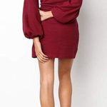 Women's 2024 Elegant Long Lantern Sleeve Short Dress Tie Waist Crewneck Knit Cocktail Dress Red Photo 3