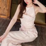 Chinese Pastel Pink Cottagecore Balletcore Y2K Floral Lace Halter Crop Top Size XS Photo 6