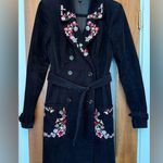 Betsey Johnson  Black Corduroy Lined Belted Embroid Double Breasted Trench Coat Photo 0