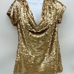 INC International Concept Cowl Draped Neck Short Sleeve Gold Sequined Top Photo 0