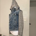 Free People Cotton Denim Jean Knit Hoodie Collared Layered Jacket Blue Gray S Photo 3