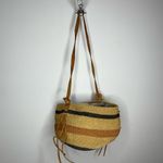 Vintage Handmade‎ Sisal Woven Leather Strap Market Tote Round Bag Tan Black Tan Photo 9