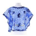 Cobalt Blue Mesh Caped Floral Print Top with Sequins And Beading Photo 6