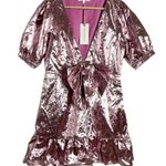 Love Shack Fancy  Pink Metallic Gabriella Lame Puff Sleeve Bow Mini Dress Size L Photo 2