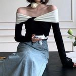 SheIn Off-the-Shoulder Black & White Color Block Sweater Photo 1