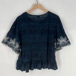 Anthropologie Pilcro Orchid Embroidered Flutter Sleeve Midnight Blue Floral Blouse Boxy XS Photo 11