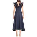 FANM MON Alanya 100% Linen Embroidered Dress Off The Shoulder Navy Small New Blue Photo 9