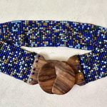 Beaded Stretch Belt with Wooden Interlocking Buckle O/S Blue Green Gold Aqua Photo 1