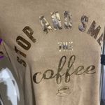 Papaya Golden slogan STOP AND SMELL THE COFFEE Tan brown Camel velvet short dress S Photo 4