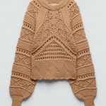 ZARA Wool Brown Chunky Crochet 3D Open Knit Balloon Sleeve Pullover Sweater sz S Photo 0