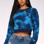 Champion  Tie Dye Crop Campus Sweatshirt Blue Long Sleeve Women's Size S Photo 0