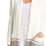 Barefoot Dreams  Large CozyChic Lite Cardigan White Taupe Stripe Oversized Pocket Photo 0