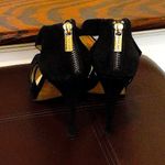 Michael Kors MK Black Suede Peep Toe Gold Zipper Back High Heel Shoes Sz 8-1/2 Photo 2