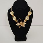 West Germany Vintage Floral Leaves Bib Necklace with Yellow Rhinestones Size 16 Photo 2