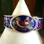 Vintage Cloisonné Blue Enamel Bird & Flower Hinged Bangle Bracelet Photo 1