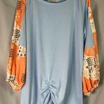 Miss Look Quilt Print 3/4 Sleeve Top Shirt Carolina Blue Cotton Round Neck XL EUC Photo 6