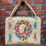 raffia straw suitcase shoulder bag floral blue pink yellow Photo 0