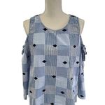 Crown & Ivy  Blue White Cold Shoulder Round Neck Diamond Print Top Size Medium Photo 0