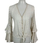 Hummingbird  Boho Crochet Bell Sleeve Button Front Tie Hem Top Small White Photo 0