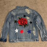 Signature 8 embellished denim jean jacket rose patch, bead peace rips and tears Blue Photo 3