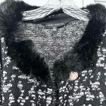 Ming Wang  Black Jacquard Knit Fur Collar Velvet Trim Cardigan Jacket Size Large Photo 2