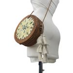 Women's Tan Cream Mother of Pearl Rattan Round Tassel Boho Crossbody Tote Bag Photo 2