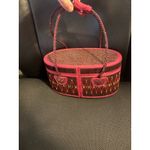 Oval Woven Vanity Case Cosmetic Bag Pink Trim Red Lined Closure Handle Brown Photo 1