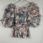 Moon River  Anthropologie Floral Peplum Ballon Short Sleeve Blouse Small Forest Photo 2