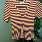 Anthropologie MAEVE Henley Stripped Ribbed Short Sleeve Top Size Medium Photo 2
