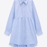 ZARA Blue Cotton Striped Long Sleeved Mini Shirt Dress S Photo 2