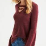 American Eagle  Outfitters Bell Sleeve Criss Cross Sweater Burgundy V Neck Large Photo 0