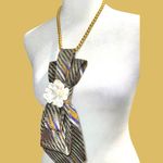 “Dainty Dapper”Striped Tie necklace with Floral Accent Brown Photo 3