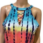 Derek Heart  Tie Dye Criss Cross High Neck Keyhole Tie Belted Shorts Romper Large Photo 2