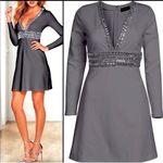 Venus  Plunging Embellished Jeweled Dress Long Sleeve Grey Size 4 New Photo 1