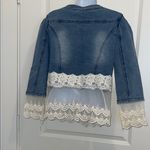 Denim Jacket with Lace and Pearl Details Blue Photo 3