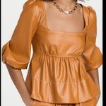 STAUD  SOPHIE FAUX LEATHER PUFF SLEEVE  PEPLUM ORANGE CAMEL BLOUSE MEDIUM Photo 0