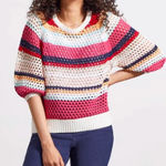 Boutique Tribal Multicolor Open Crochet Knit 3/4 Sleeve Sweater Shirt Red Size M Photo 0