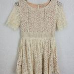 Darling Lace Skater Dress Medium White Nude Swing Skirt Lined Raw Hem Mini Tan Photo 0