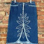 Blue Denim Skirt with Fringe and Leaf Design Size 6 Photo 0