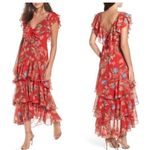 WAYF  Chelsea Tiered Ruffle Maxi Dress Red Tropical Flutter Sleeves Floral NEW 1X Photo 1