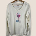 Life is Good Womens size XL Glass Half Full Wine Long Sleeve V Neck Cream TShirt Photo 0