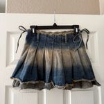 Distressed Washed Denim Pleated Mini Wrap Bow Skirt Blue Size XS Photo 7