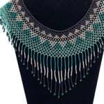Mexican Handmade Glass Seed Beaded Fringe Collar Bib Necklace Green Photo 3